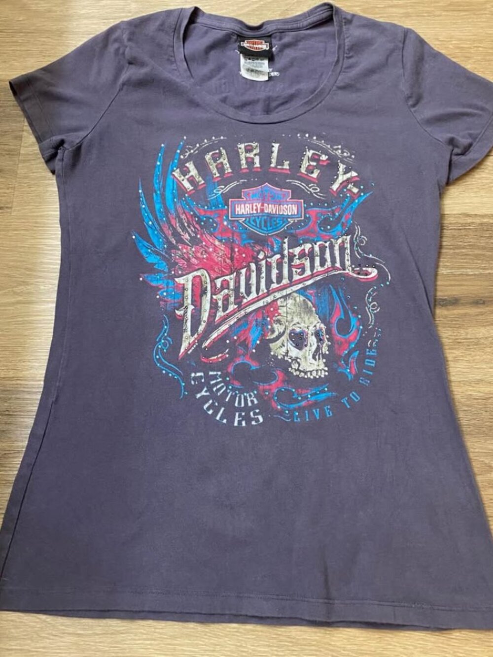 Harley-Davidson San Diego California Rhinestone Skull Wings Flames Tee Women’s L